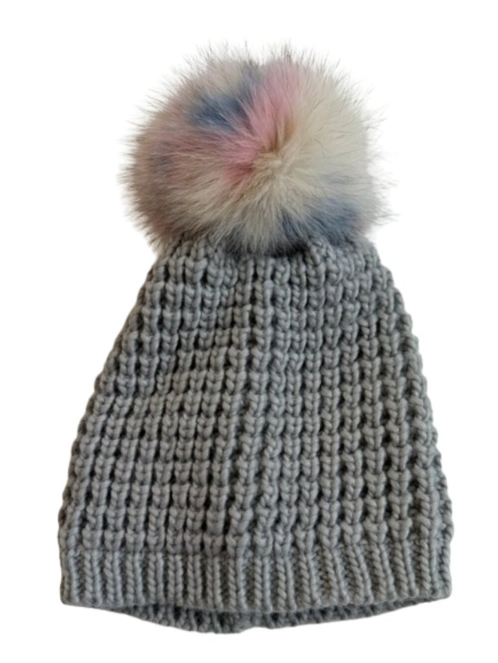 Kyi Kyi Canada Wool Blend Beanie Hat Genuine Fox Fur Pom OS Marled Grey